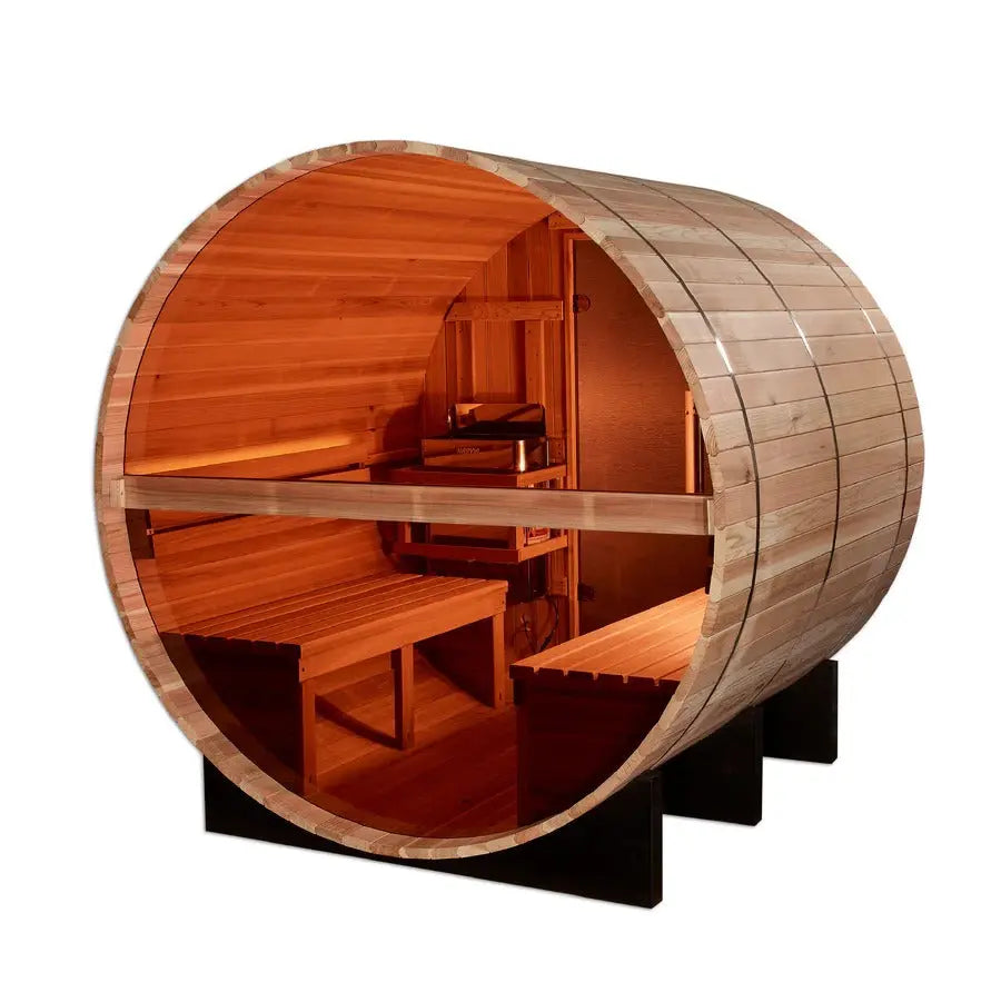 Golden Designs Zurich 4-Person Cedar Barrel Sauna w/ Panoramic Rear Window & Harvia Traditional Electric Heater Kit | GDI-B024-01 Golden Designs