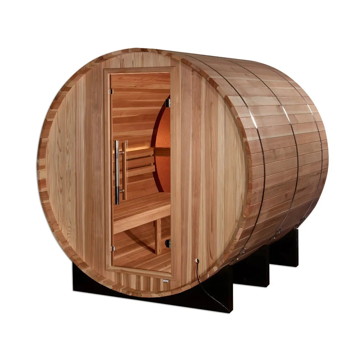 Golden Designs Zurich 4-Person Cedar Barrel Sauna w/ Panoramic Rear Window & Harvia Traditional Electric Heater Kit | GDI-B024-01 Golden Designs
