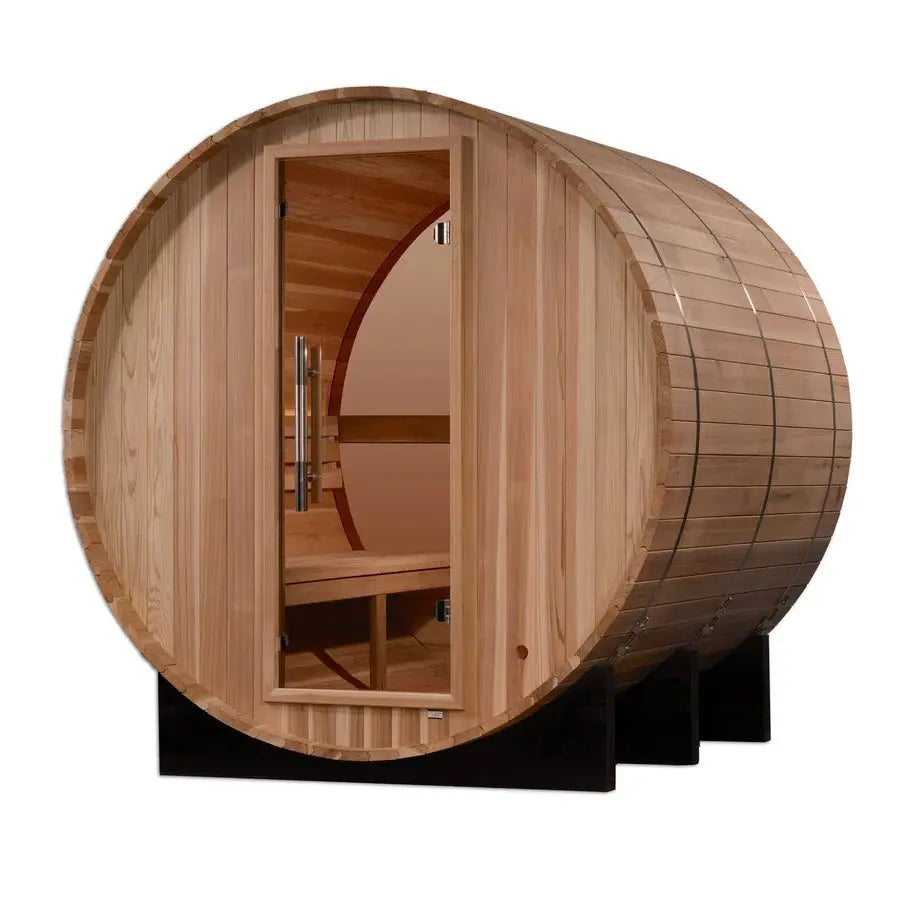 Golden Designs Zurich 4-Person Cedar Barrel Sauna w/ Panoramic Rear Window & Harvia Traditional Electric Heater Kit | GDI-B024-01 Golden Designs