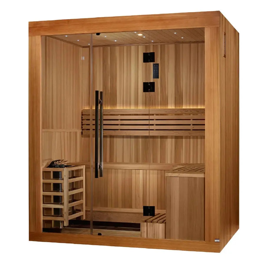 Golden Designs Copenhagen 3-Person Indoor Sauna & Harvia Traditional Electric Heater Kit | GDI-7389-02 Golden Designs