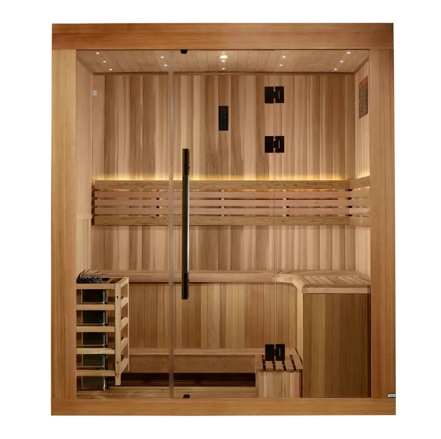 Golden Designs Copenhagen 3-Person Indoor Sauna & Harvia Traditional Electric Heater Kit | GDI-7389-02 Golden Designs