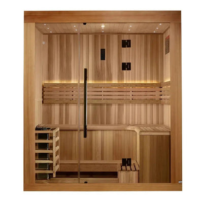 Golden Designs Copenhagen 3-Person Indoor Sauna & Harvia Traditional Electric Heater Kit | GDI-7389-02 Golden Designs
