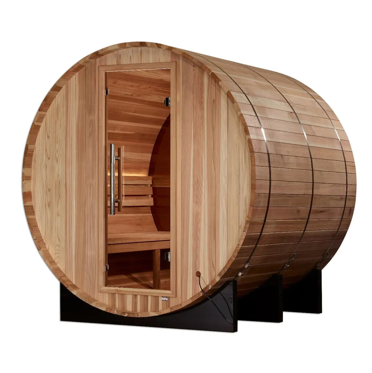 Golden Designs Zurich 4-Person Cedar Barrel Sauna w/ Panoramic Rear Window & Harvia Traditional Electric Heater Kit | GDI-B024-01 Golden Designs